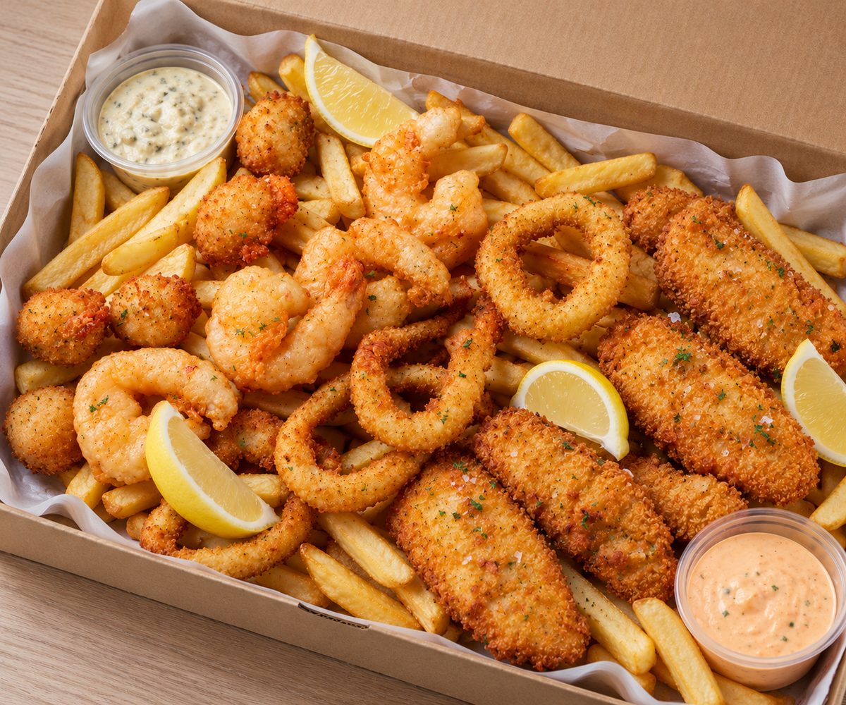 Fish, calamari and prawn box for office catering